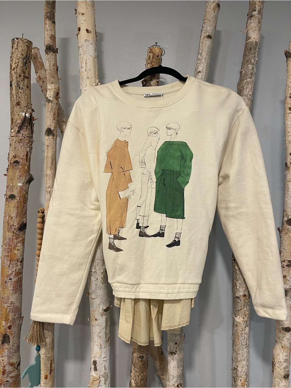 Zara Cream Graphic Sweatshirt with Green & Tan Print